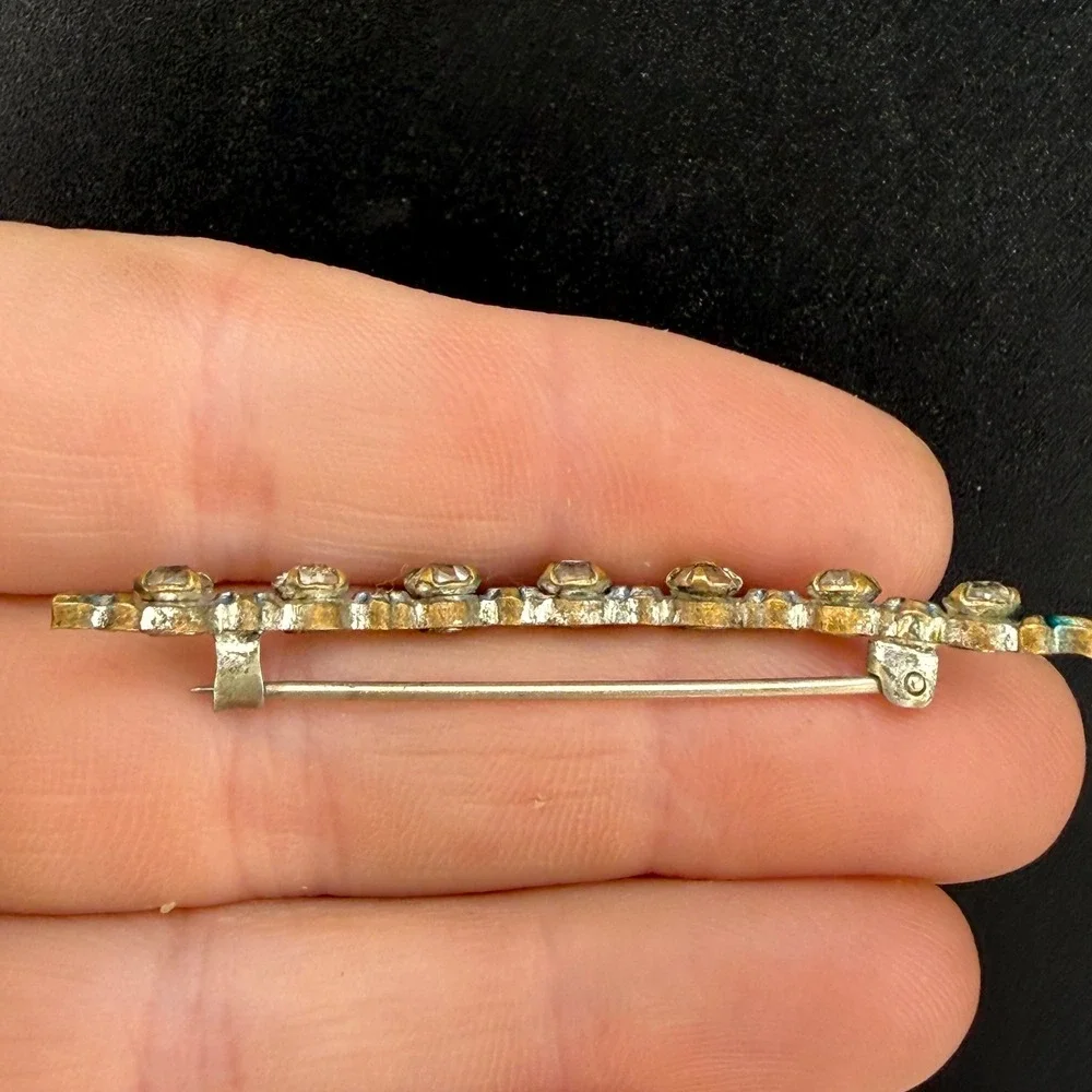 Vintage Bar Brooch Paste Silver Tone Blue Rhinestone Floral Curved